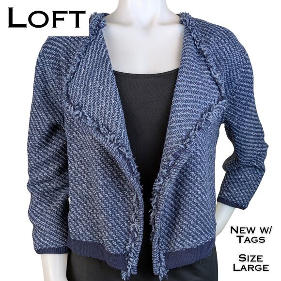 NEW Loft Blue & Gray Tweed Fringed Open Cardigan Sweater Blazer Career Sz Large - Picture 1 of 9